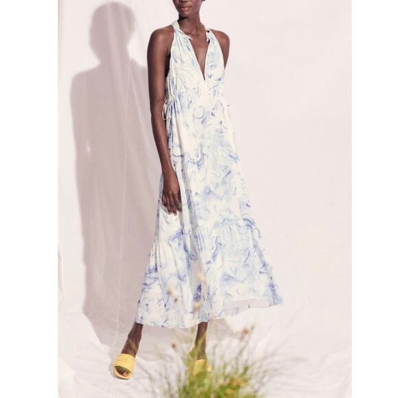 SAYLOR Annela Ultramarine Marble Halter Midi/Maxi Dress Cottagecore Prairie Sz L - Picture 1 of 11
